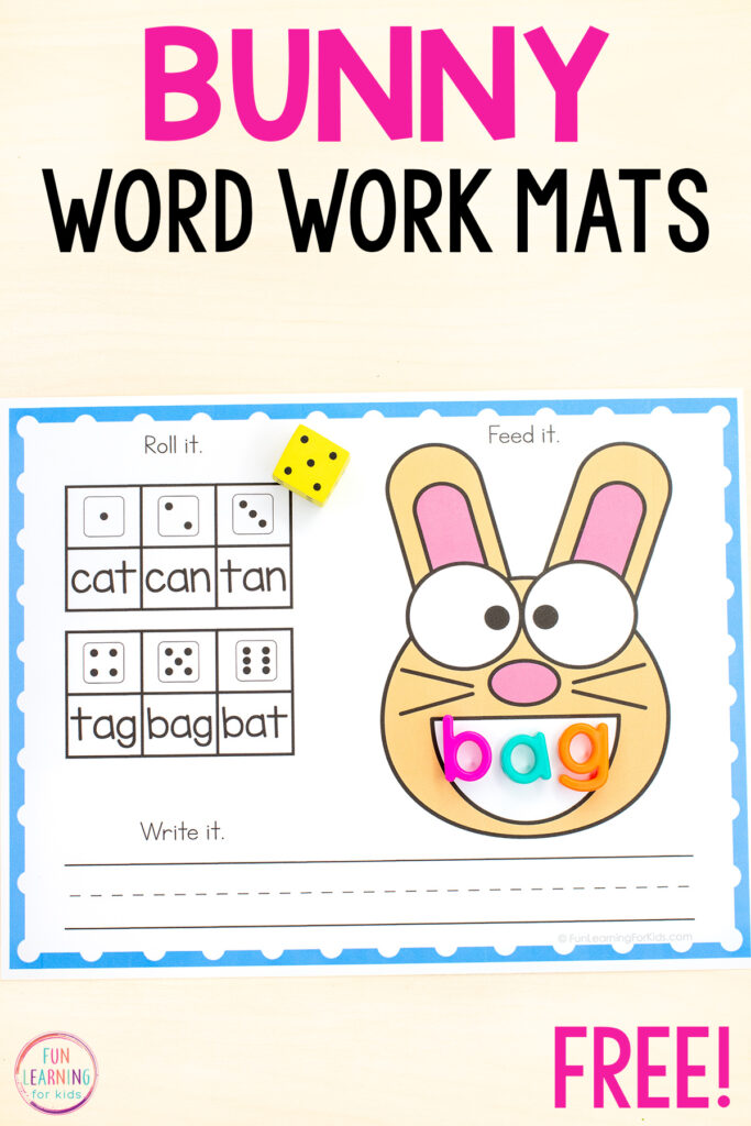 Free printable Easter bunny word work mats that are editable and perfect for spring literacy centers in kindergarten and first grade.