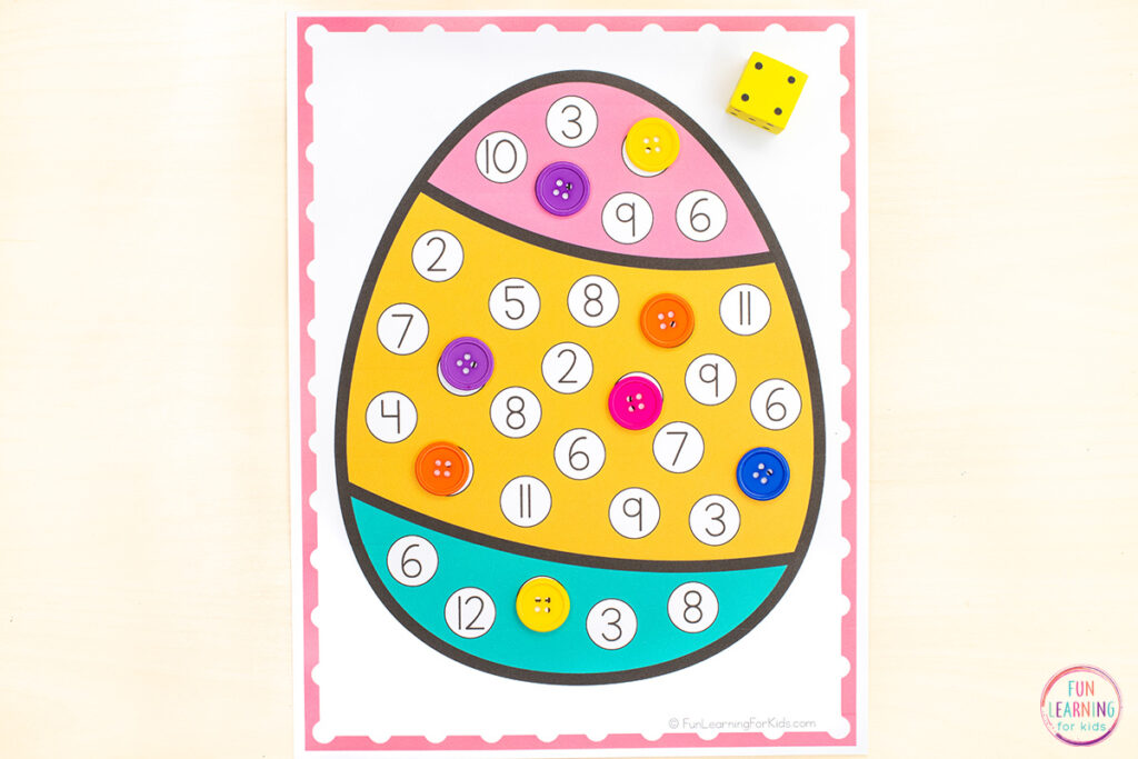 This fun Easter egg roll and cover math activity is a great way to learn numbers, counting, subitizing, and addition.