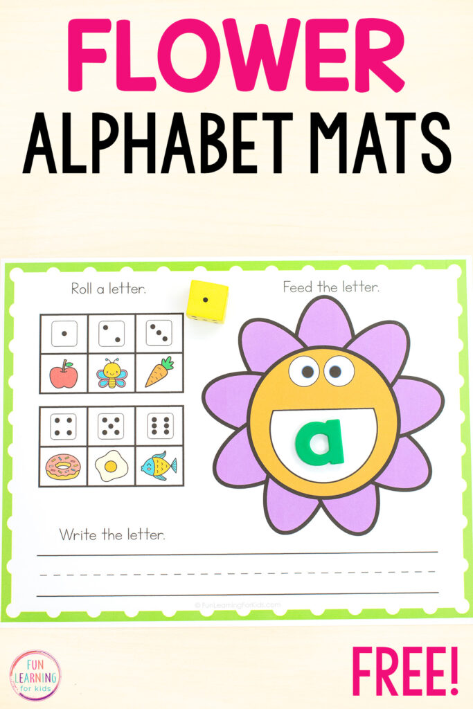 Free printable flower alphabet mats for kids to learn letter recognition, letter sounds and beginning sound isolation. Perfect for spring alphabet centers in pre-k and kindergarten.