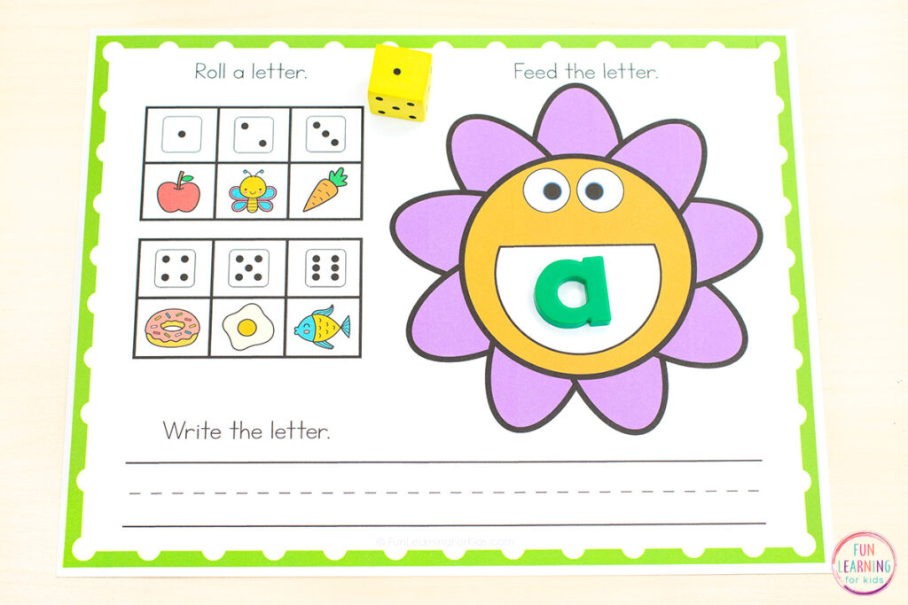 A flower theme alphabet mat that has kids roll a dice to land on a beginning sound picture, feed the flower with the big open mouth the corresponding letter and then write the letter on the handwriting lines at the bottom of the mat.