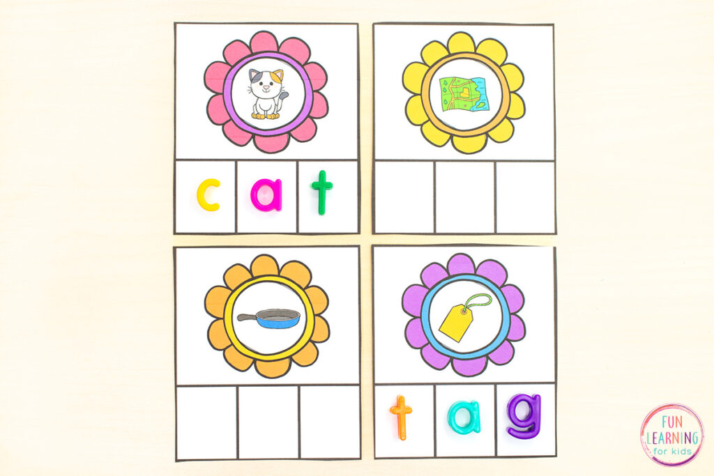 A flower theme CVC word work activity for spring literacy centers.