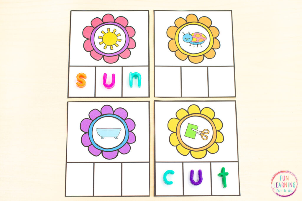 A flower theme CVC words activity for kids to learn to spell and read CVC words.