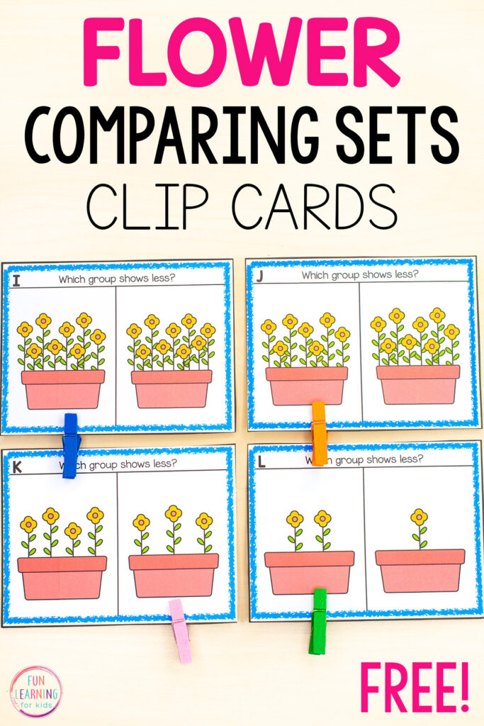 Free printable flower comparing numbers clip cards for learning to compare sets and find out which one shows more or less. Perfect for spring math centers.