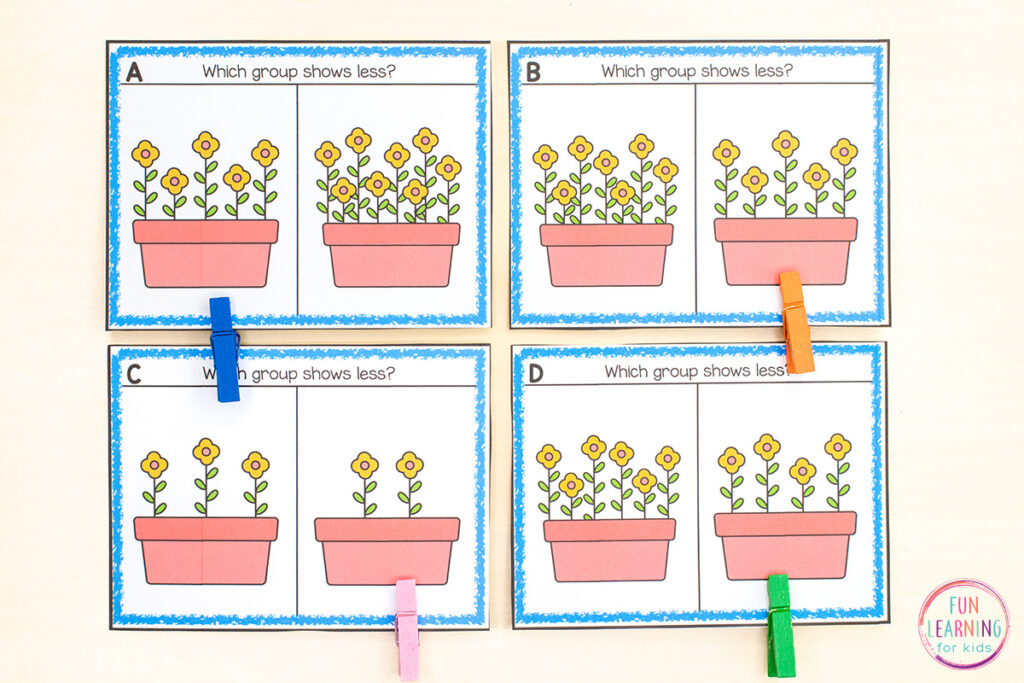 Flower math activity for spring math centers in kindergarten.