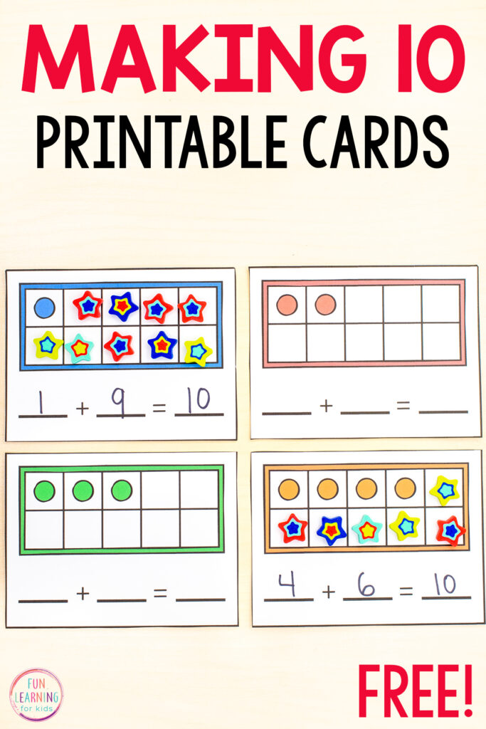 Free printable making ten math activity for learning to find the number that makes 10 when
added to a given number and then record the answer with an equation.