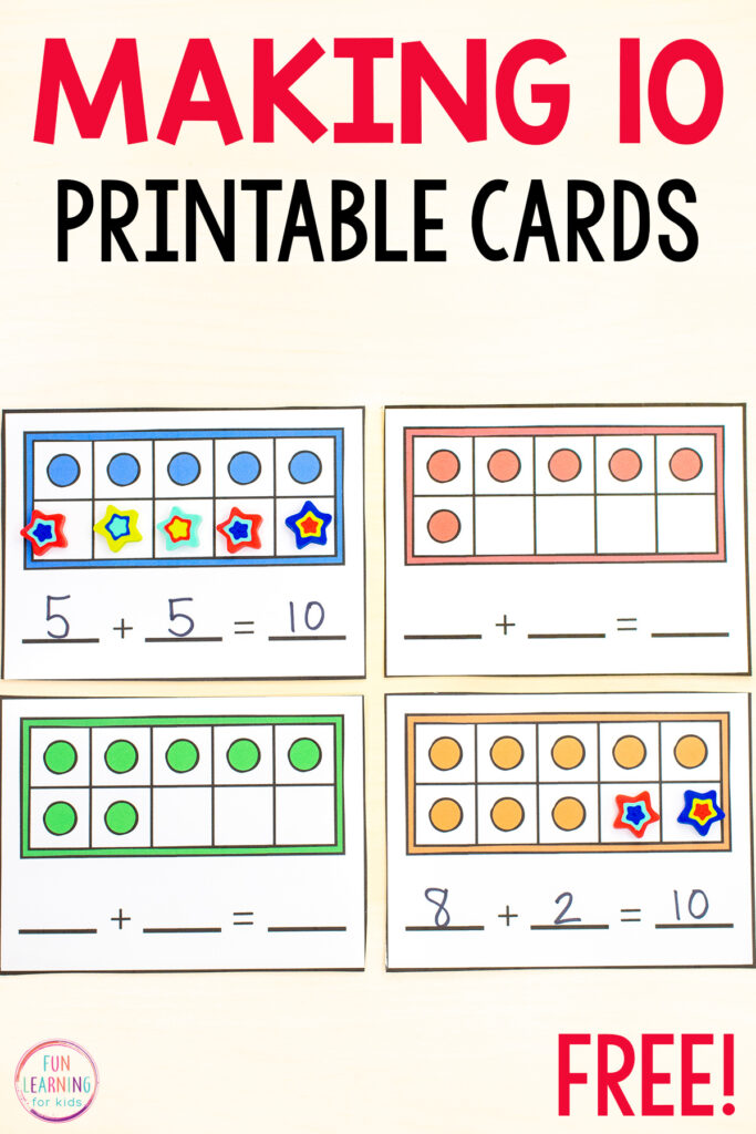 A fun, hands-on math activity for kindergarten students who are learning to make ten by adding to a given number. Each card has a ten frame box that has been partially filled in and empty spaces to write an equation to match below that.