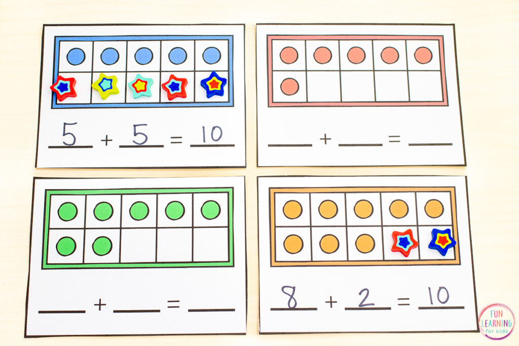 A fun making ten math printable for kids in kindergarten.