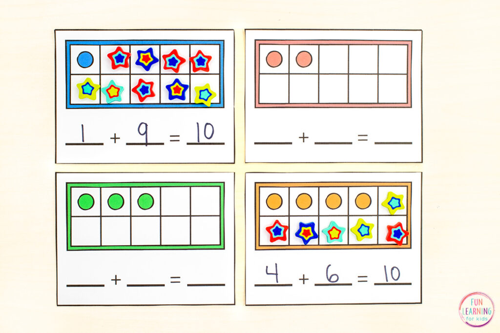 An interactive math center activity for kids to learn to make ten by adding one number to an already given number.