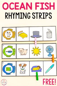 Fish rhyming activity for kids to develop phonological awareness.