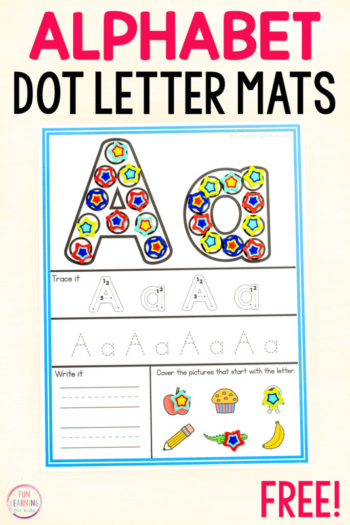 Free printable dot letter alphabet mats for learning letter recognition, letter formation, beginning letter sounds during alphabet centers in preschool, pre-k and kindergarten.