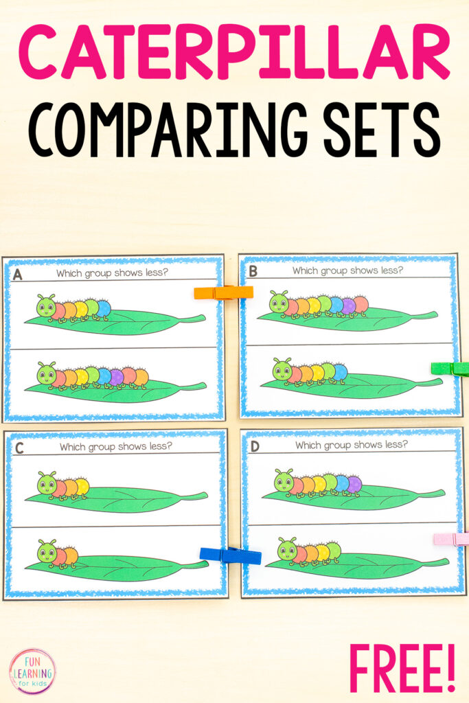 Free printable caterpillar comparing sets clip cards for learning to compare groups during math centers.