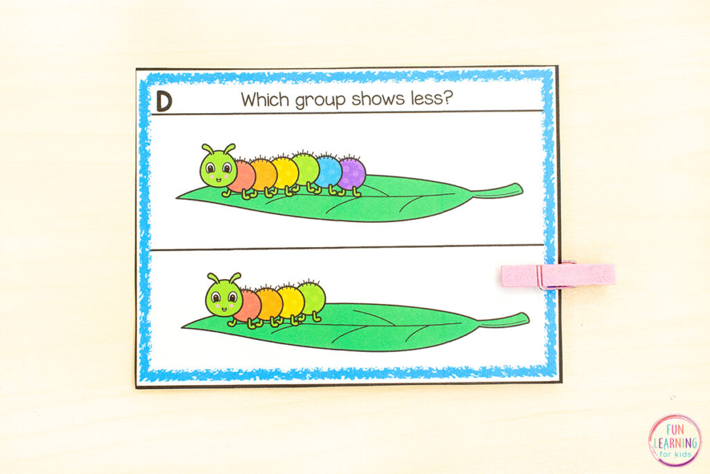 Free printable comparing sets clip cards for your insect theme math centers.