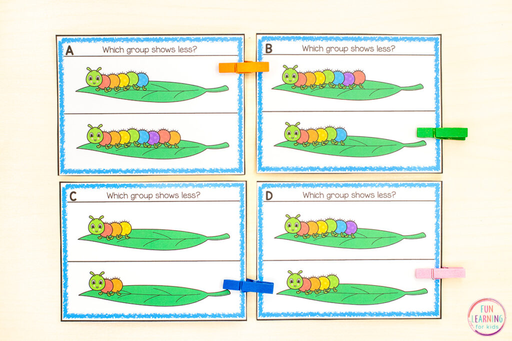 A caterpillar comparing sets math activity for kids in kindergarten.