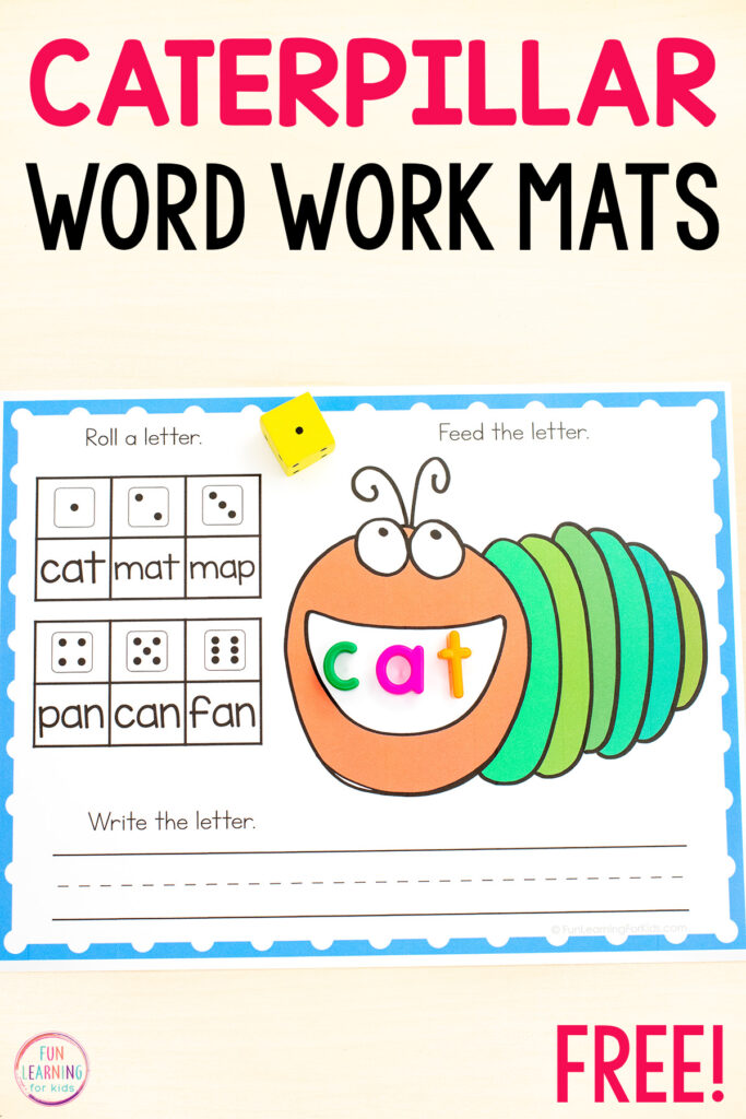 Free printable caterpillar word work mats that are editable and can be used to work on high frequency words, CVC words, phonics skills and more.