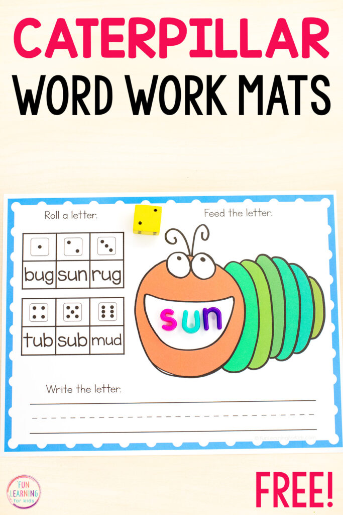 Caterpillar word work activity for learning to read, write and spell words during your insect theme literacy centers in kindergarten and first grade.