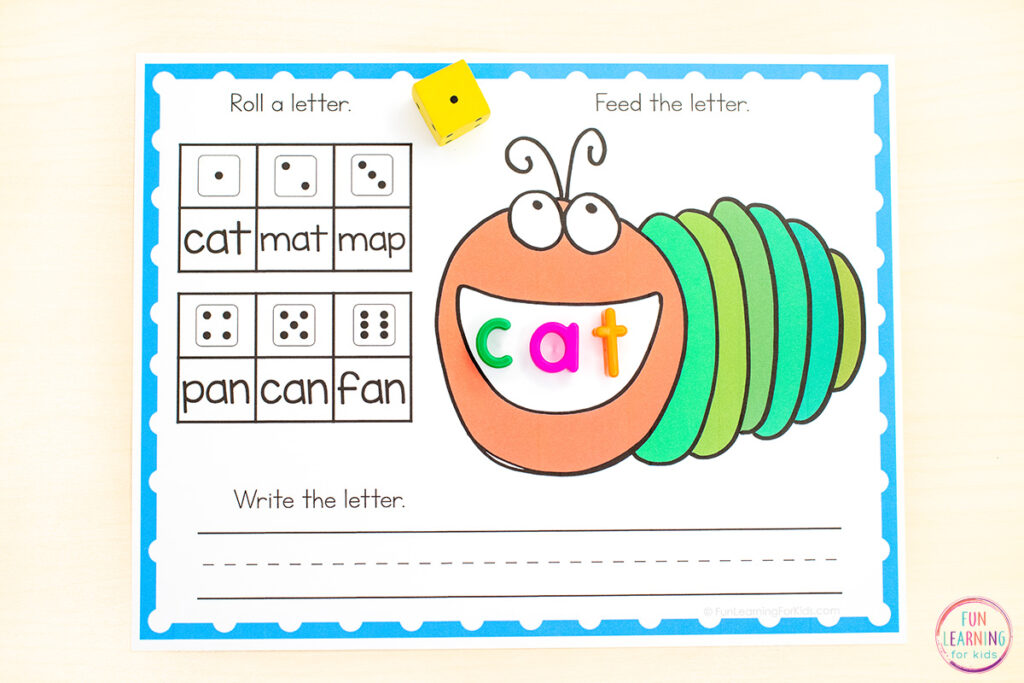 Caterpillar word work activity mats for learning sight words, high frequency words, phonics skills and more.