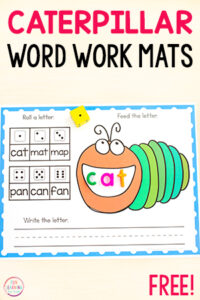 Free printable caterpillar word work mats for spring literacy centers in kindergarten and first grade.