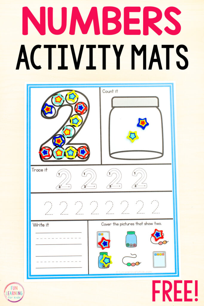 Free printable dot number activity mats for learning math skills in preschool and kindergarten.