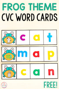 Free printable frog theme CVC words phonics activity for kids in kindergarten and first grade.