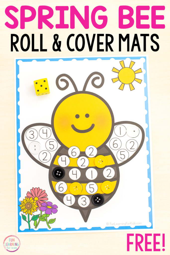 A free printable spring bee roll and cover the number math activity for preschool, pre-k and kindergarten.