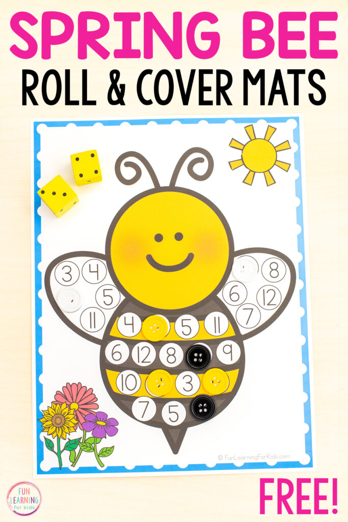 Spring bee roll and cover number sense activity for learning numbers during spring centers or an insect theme in preschool and kindergarten.