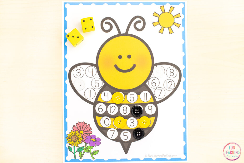A free printable spring bee math activity for practice with number recognition, counting, addition and more.
