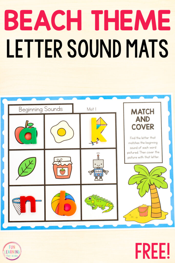 Free printable beach theme letter sound isolation mats for learning to isolate sounds in simple CVC words. Perfect for phonics centers and Science of Reading lessons.