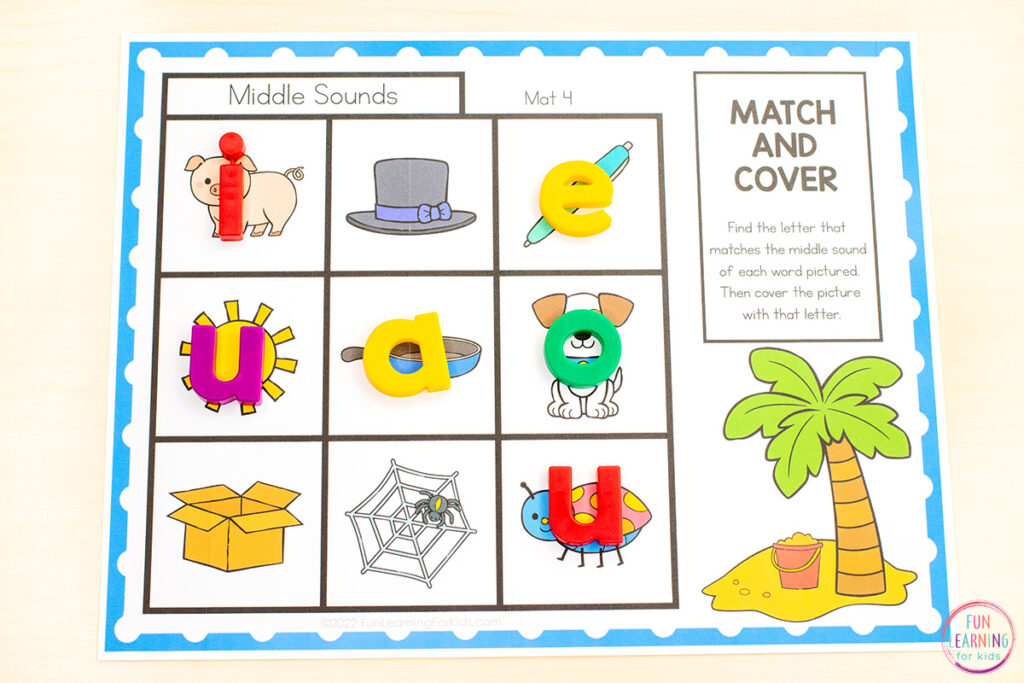 A beach theme letter sound isolation phonemic awareness phonics activity for kindergarten and first grade.