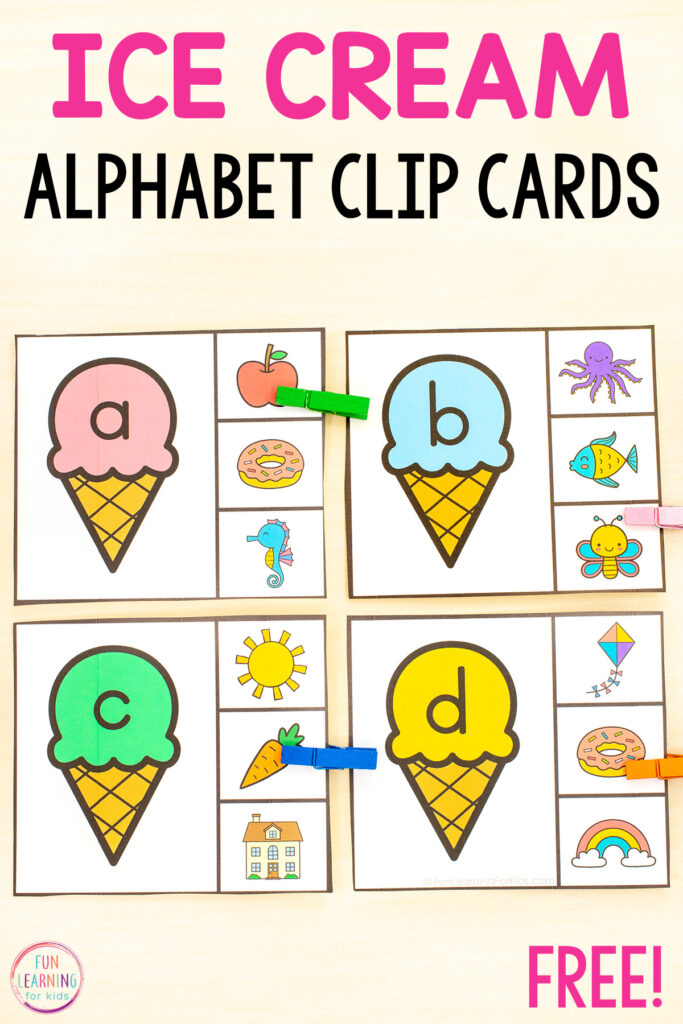 Free printable ice cream theme alphabet and beginning sounds clip cards for learning letters and letter sounds in pre-k and kindergarten.