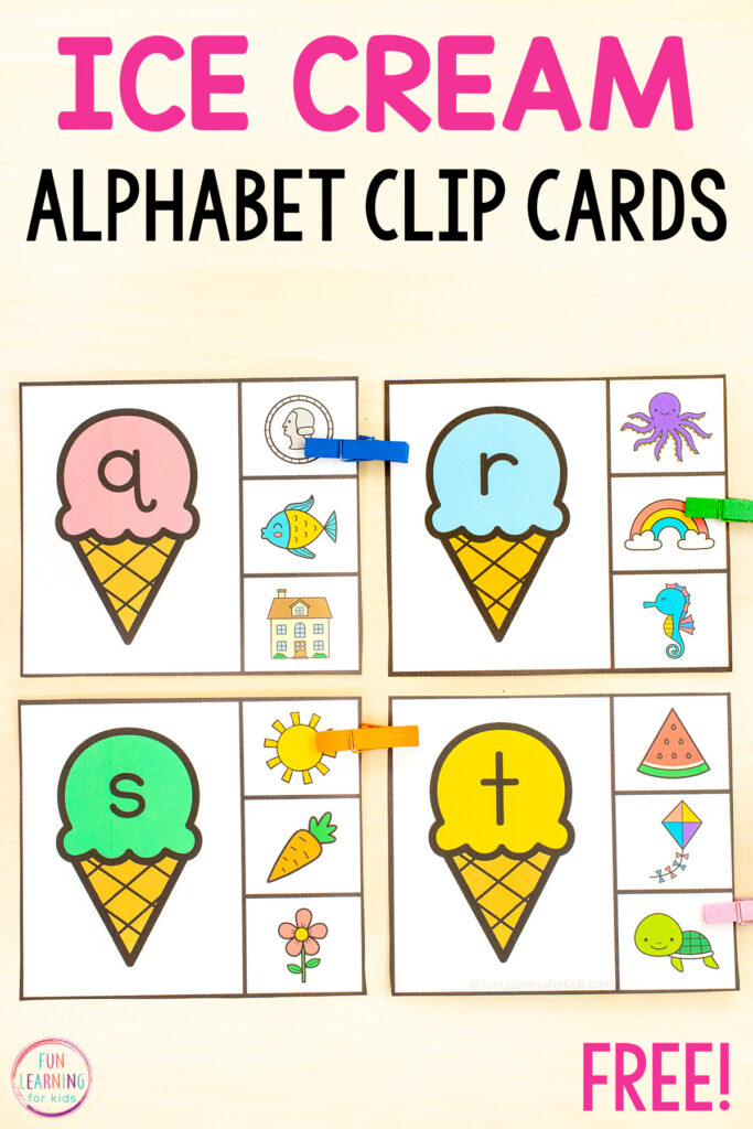 These ice cream alphabet clip cards are a hands-on way to practice letter recognition and letter sounds during alphabet centers!