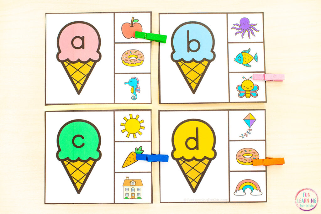 A free printable ice cream theme alphabet and letter sounds phonics activity for kids.