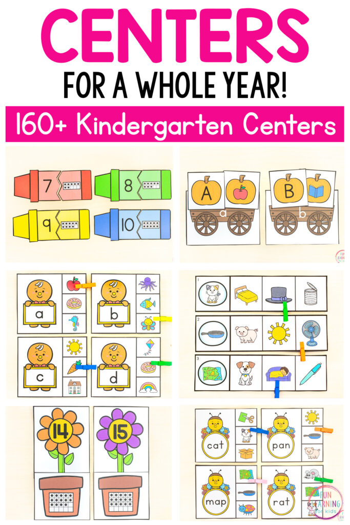 Kindergarten math and literacy centers for the whole year. Hands-on, low prep kindergarten centers for practice with a wide variety of kindergarten skills.