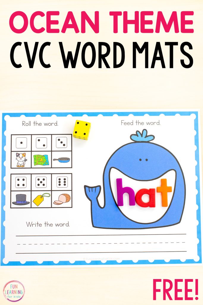 Free printable ocean theme CVC word mats for learning to read, write and spell CVC words in kindergarten and first grade.