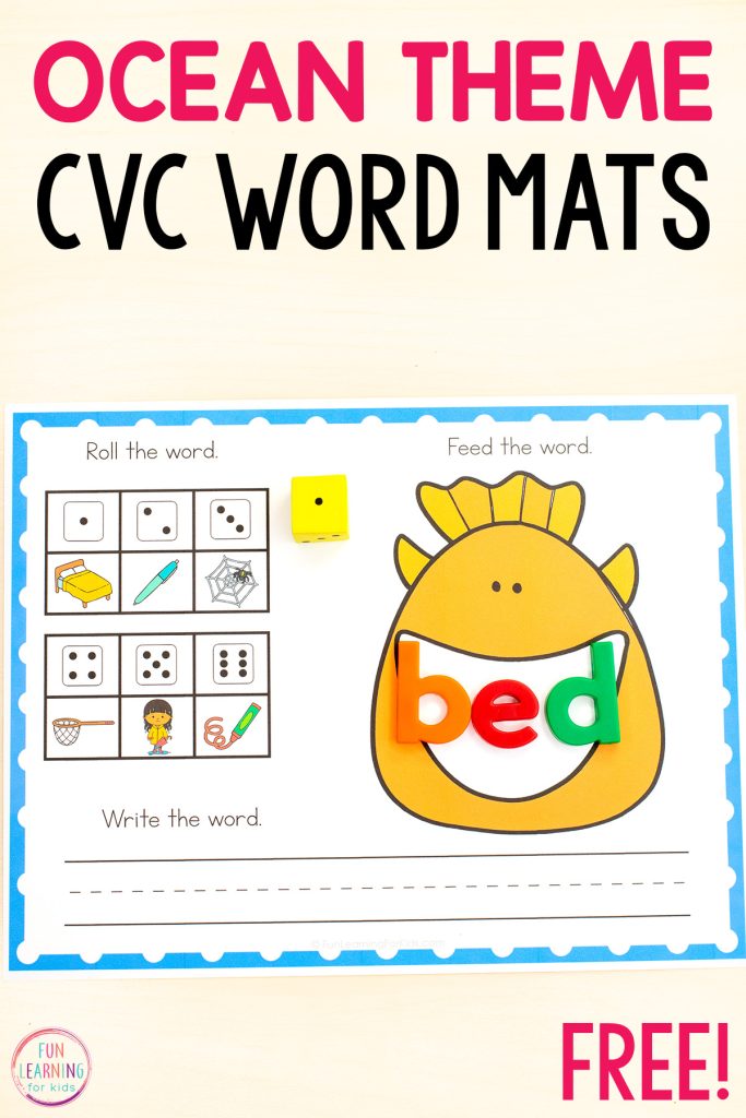 Ocean CVC word activity for learning phonics skills and to read, write and spell CVC words.