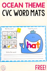 Ocean CVC word activity mats for kids in kindergarten and first grade.
