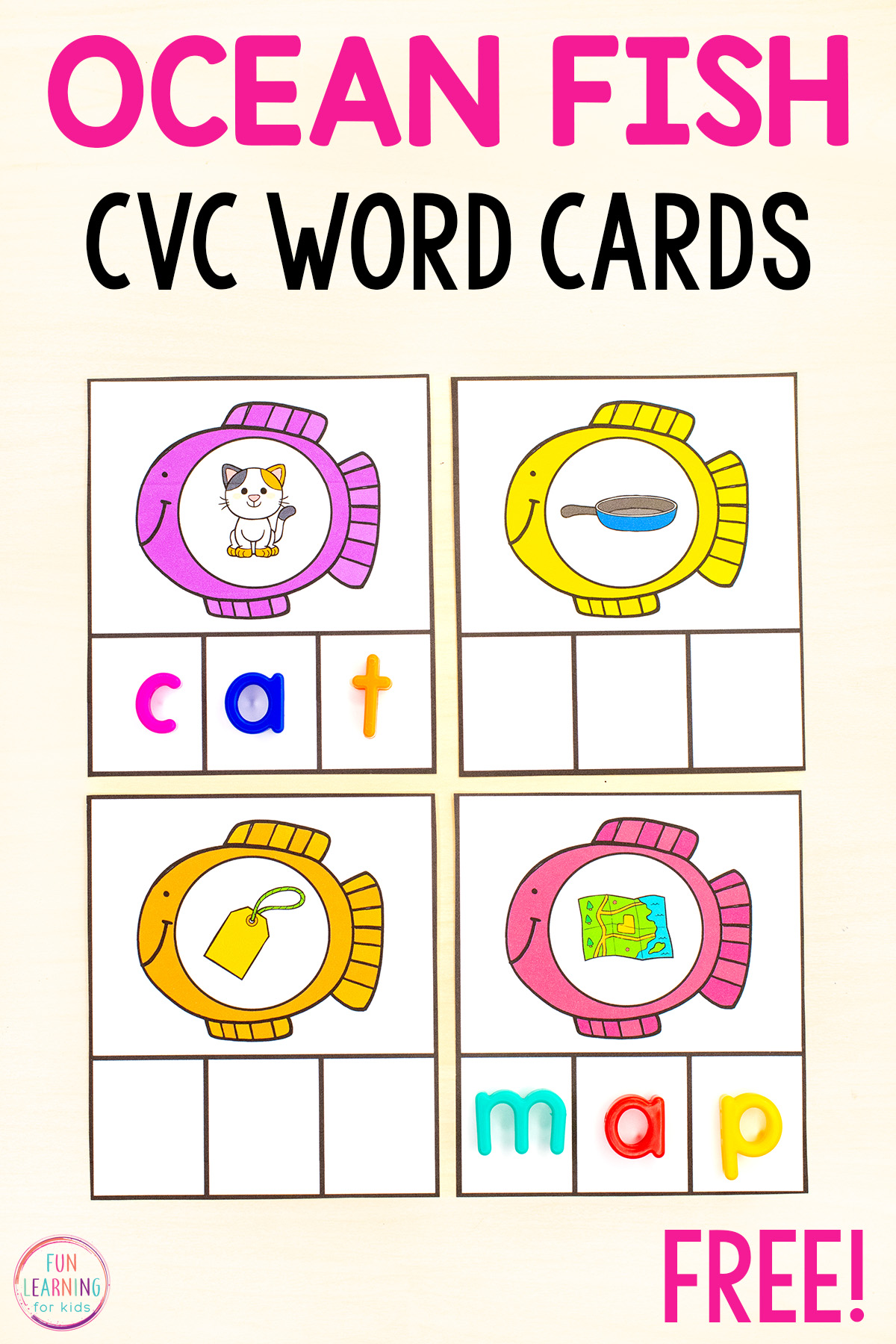 Fish CVC Word Clip Cards Free Printable