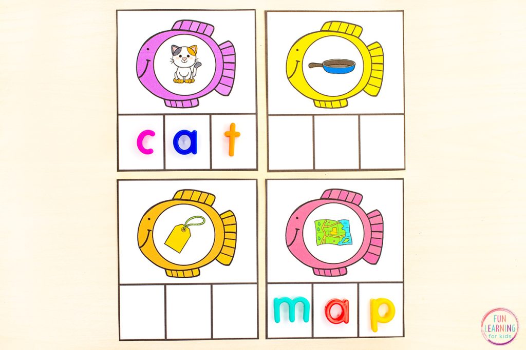 Hands-on CVC word work activity for kindergarten and first grade literacy centers and science of reading lessons.