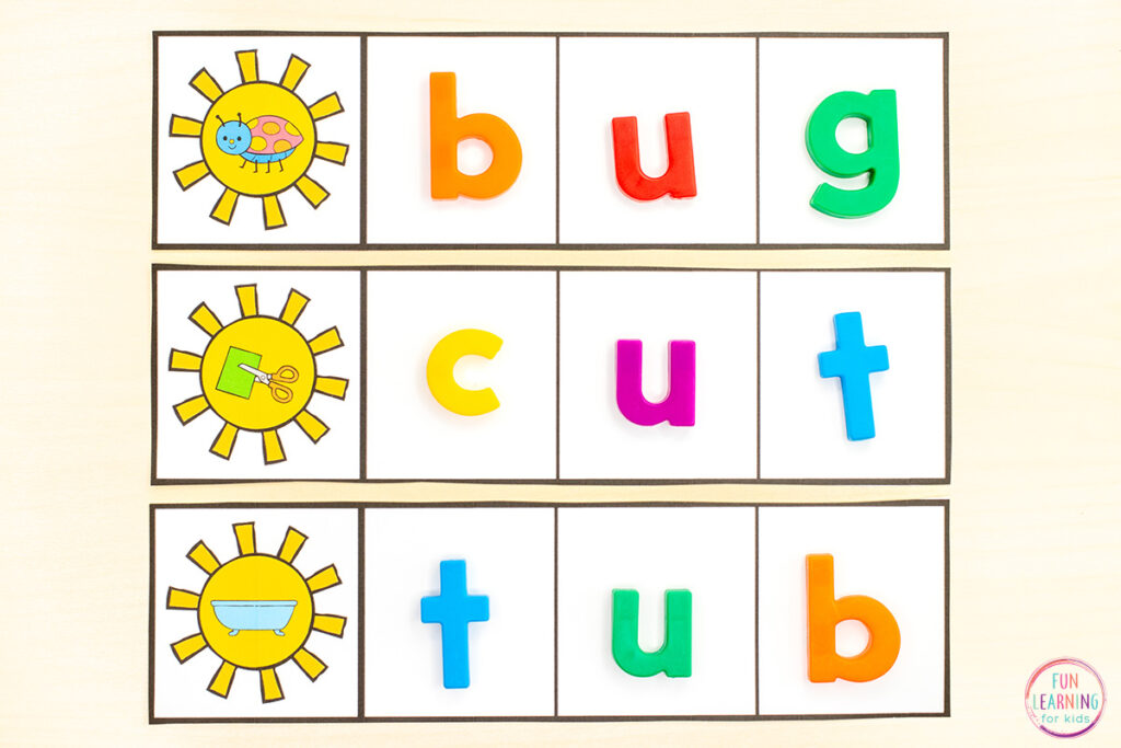 Free printable phonemic awareness and phonics activity for learning to read and spell CVC words.