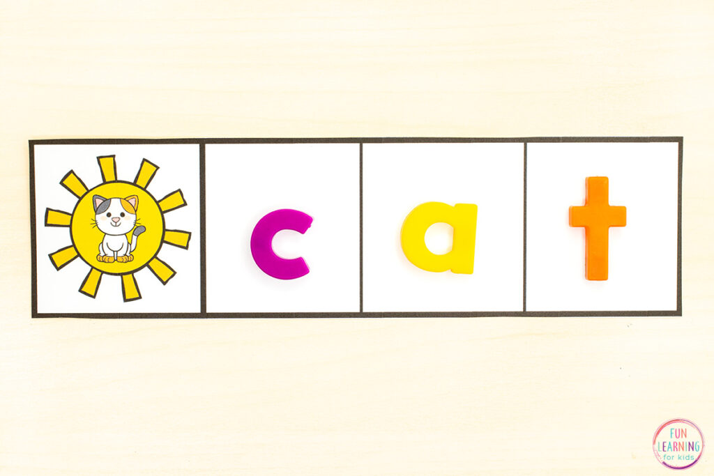 Summer theme phonemic awareness and phonics word building strips for learning to segment sounds and spell words.