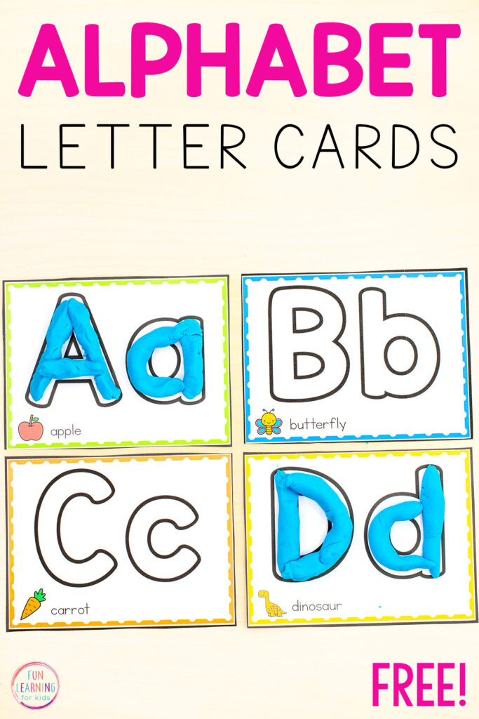 Free printable alphabet play dough cards for learning letters and letter sounds in preschool and kindergarten.