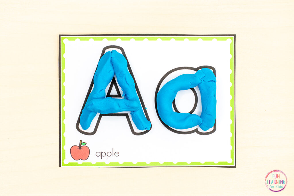Play dough alphabet activity cards for learning letters and building fine motor skills.