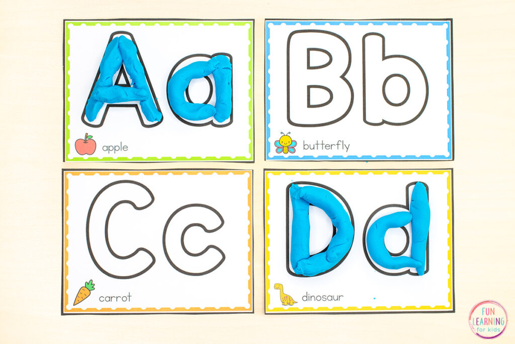 Free printable alphabet play dough cards for hands-on letter learning in preschool and kindergarten.