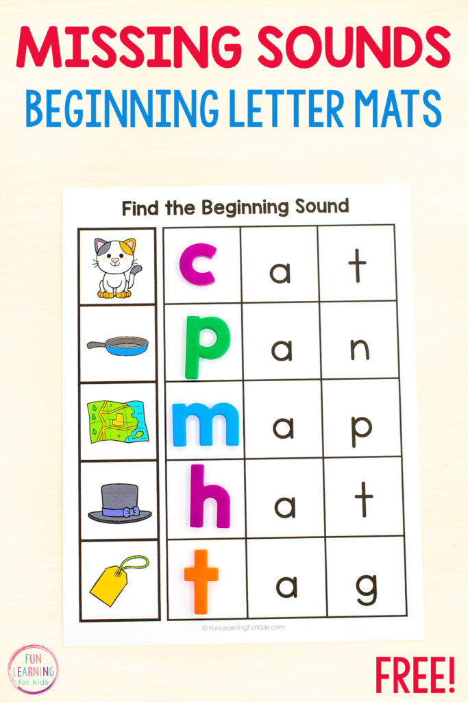 Free printable missing beginning sounds mats for practice with adding the initial sound to CVC words. A great phonemic awareness and phonics activity for kids who are learning to read.