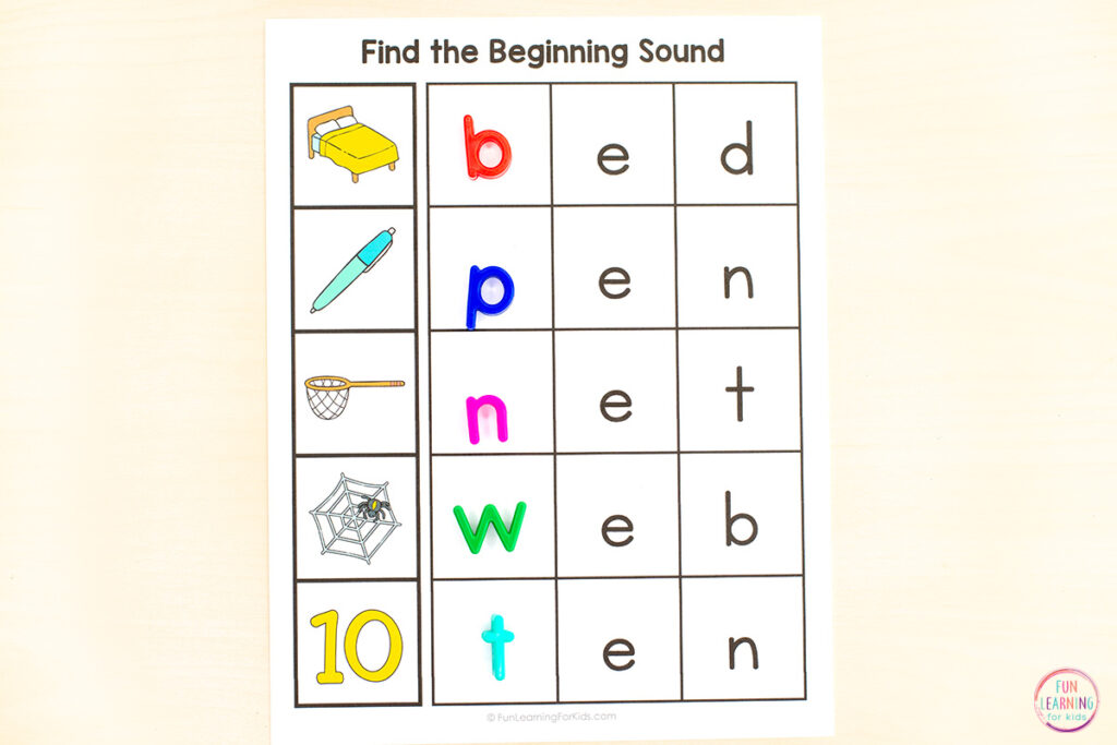 Missing sounds mats that show a picture of a CVC word and then 3 boxes next to each picture. The last two boxes have letters in them, but the first box is empty. Students must find the missing sound and place the corresponding letter in the empty box.
