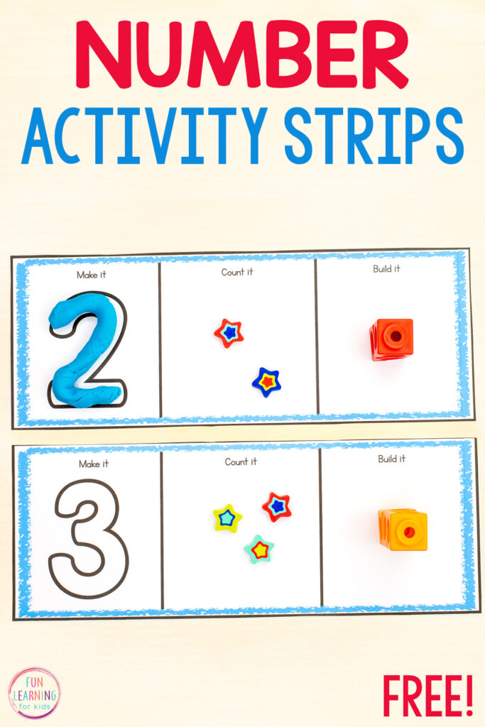 Free printable number activity strips for building number sense and learning about numbers. Practice counting, number formation and more with this fun number activity for preschool and kindergarten.