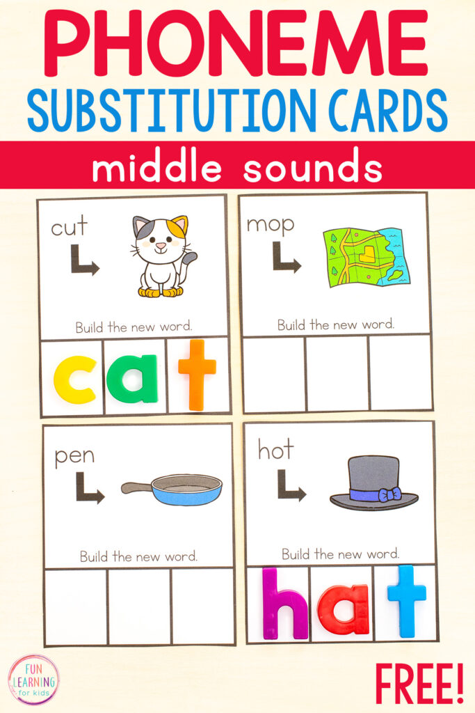 Free phoneme substitution cards for your phonics lessons in kindergarten and first grade. A phonemic awareness and phonics activity for learning to substitute sounds in words.
