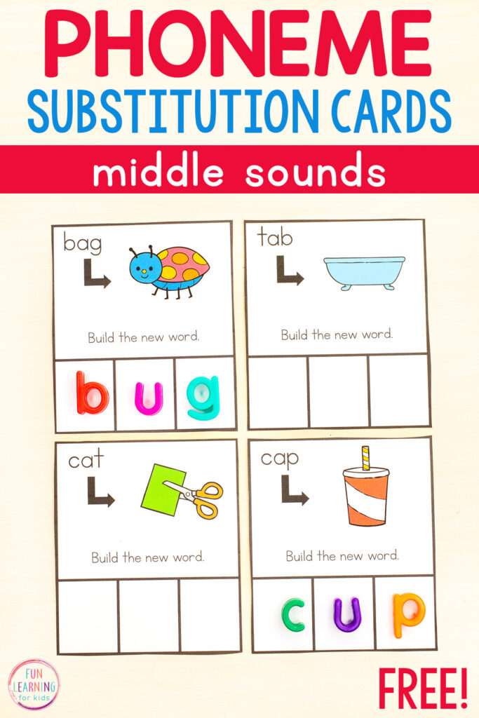 Free printable phonics and phonemic awareness activity for learning to substitute middle sounds in CVC words.