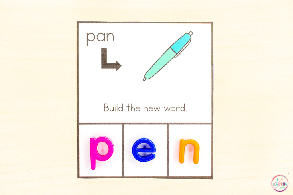 A hands-on phonics activity for learning to substitute sounds in CVC words. Look at the word on the card and substitute the middle sound to make the new word pictured. Then build the new word by placing one letter in each box on the card.