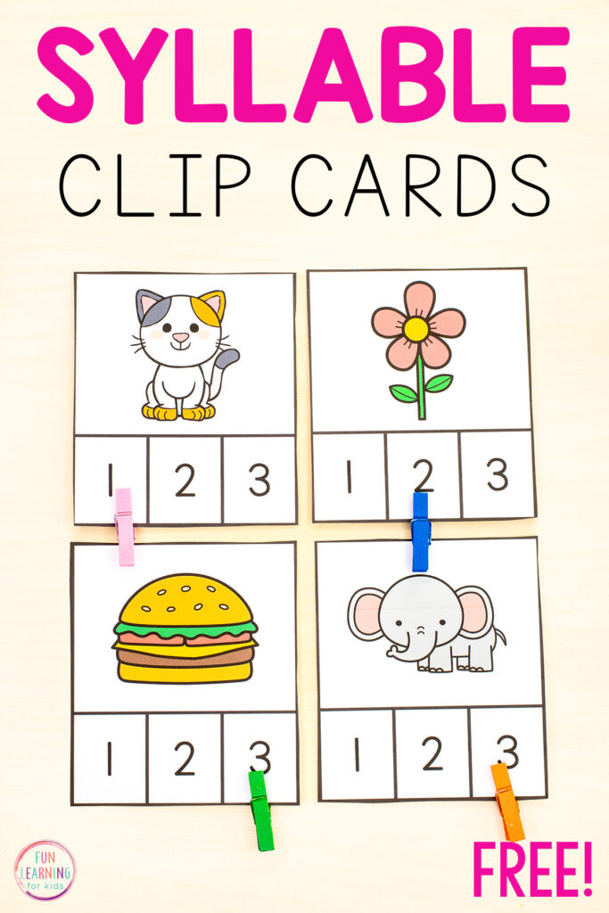Free printable syllable counting clip cards for learning to count syllables in words and develop phonological awareness in preschool and kindergarten.