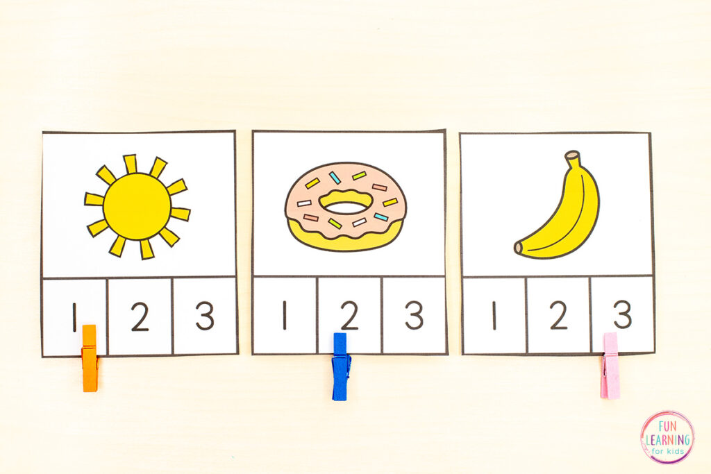 Free printable syllable counting clip cards for developing phonological awareness skills and fine motor skills too.